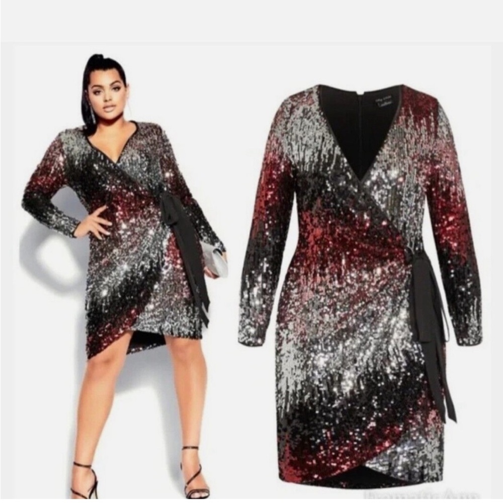 City Chic Irresistible Long Sleeve Sequin Faux Wrap Dress